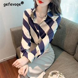 Women Korean Style Striped Print Chic Button Shirts Spring Fall Office Lady Long Sleeve Blouse Casual Loose Tops Elegante Blusas