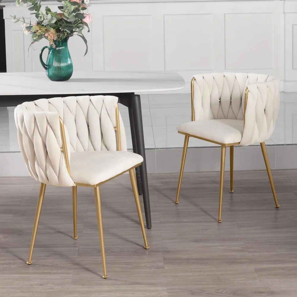 

Velvet Dining Chairs Set of 2,Accent Chairs with Gold Metal Legs,Woven Upholstered Dining Chairs for Living Room/Bedroom/Kitchen