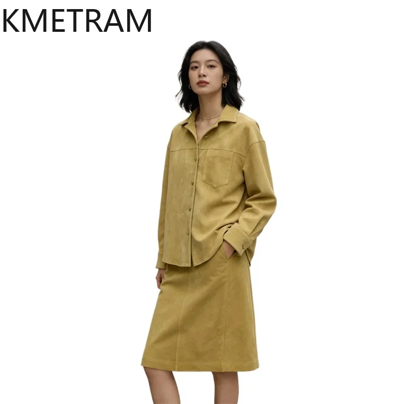 KMETRAM Genuine Leather Coat Quality Crossbreed Sheep Suede Closed Nap Leather Jacket Mid Length Shirt Jacket of Woman Loose 자켓