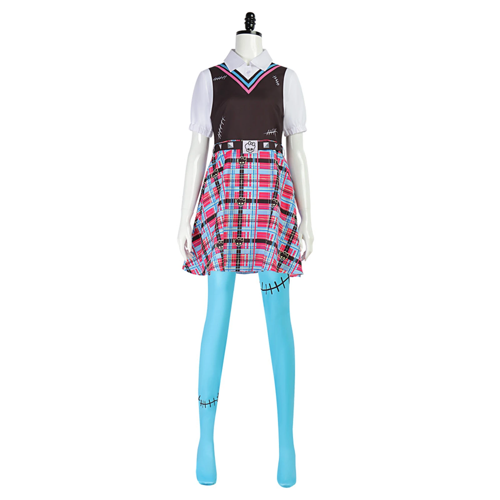 

Frankie Stein Cosplay Monster Costume Short Sleeve Dress with Belt School Uniform Halloween Party Outfit for Woman