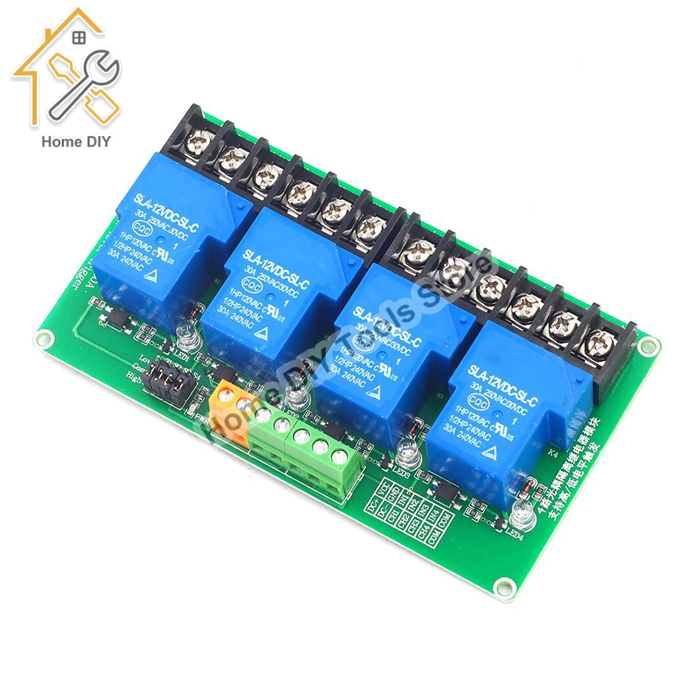 4 channel relay module 30A with optocoupler isolation 5V 12V 24V supports high and low Triger trigger for Smart Home