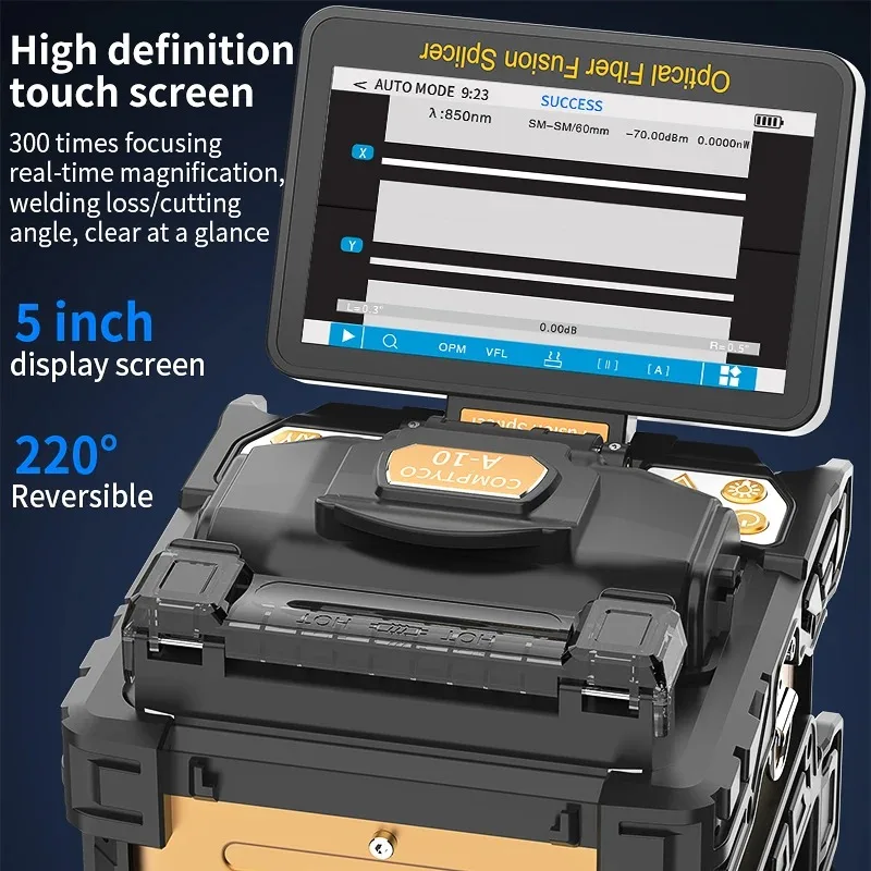 A-10 Fully Automatic Fiber Fuison Splicer 6 Motors Multilingual Touch Screen Fiber Optic Core Hot Melt Machine Built-in VFL OPM