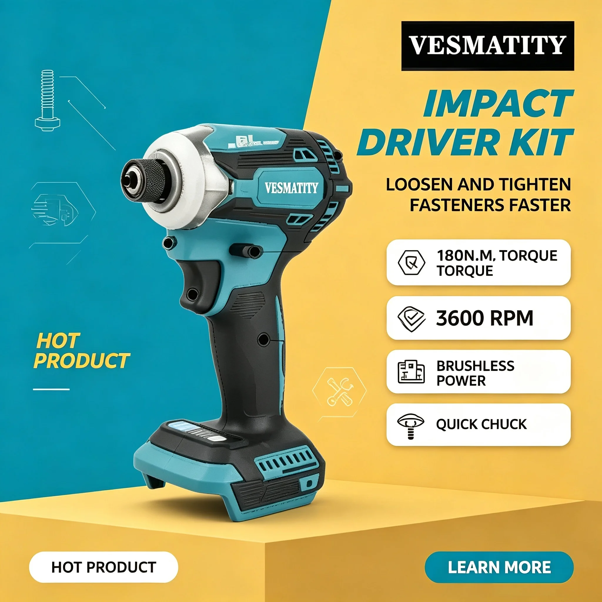 Drill for Construction Fastening for 18V-20V Battery Heavy Duty Brushless Impact Driver Bare Tool Rechargeable Screwdriver