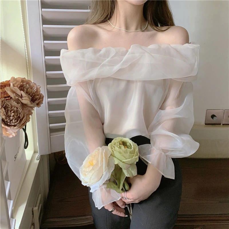 MEXZT Slash Neck Shirts Women Sweet Mesh Off Shoulder Blouses Office Lady Korean Fairy Elegant Puff Long Sleeve Slim Chic Tops