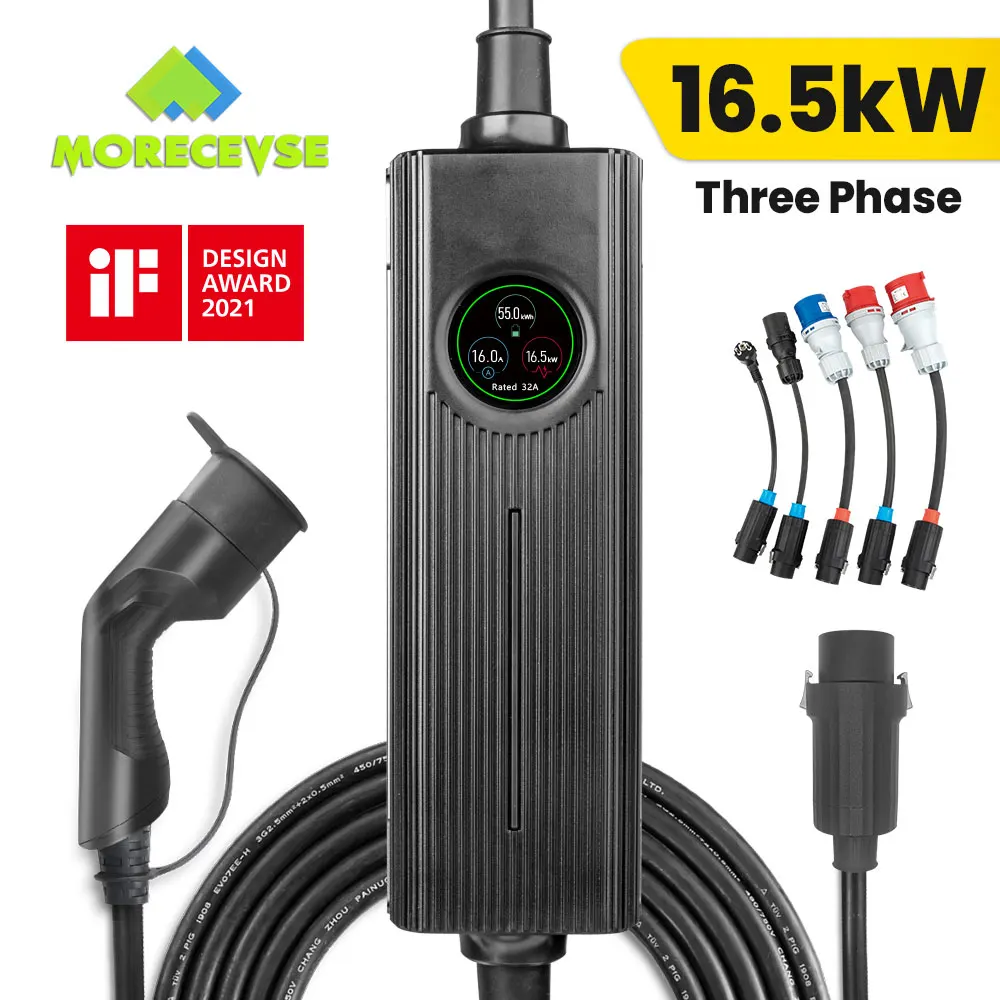 Morec Type 2 CEE Plug Current Switchable Portable EV Charger with Touch Screen EV Charging Cable 6M 16-24A with 5 Adapter 2-16KW