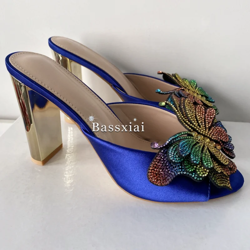 Colorful Rhinestone Flower Decor Women Sandals Women Unique Gold Strange Heel Blue Silk Slingbacks Summer Mules image 4