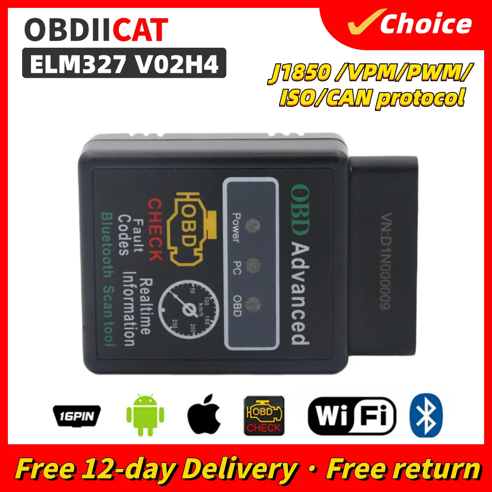 High Quality V02H4 ELM327 OBD2 Scanner Car Diagnostic Detector Tool V1.5 Bluetooth OBD 2 Auto Code Reader Tool For IOS Android