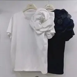 Summer New Solid Color Fashion Short Sleeve T-shirt Women High Street Casual Loose Pullovers Embroidered Flares All-match Tops