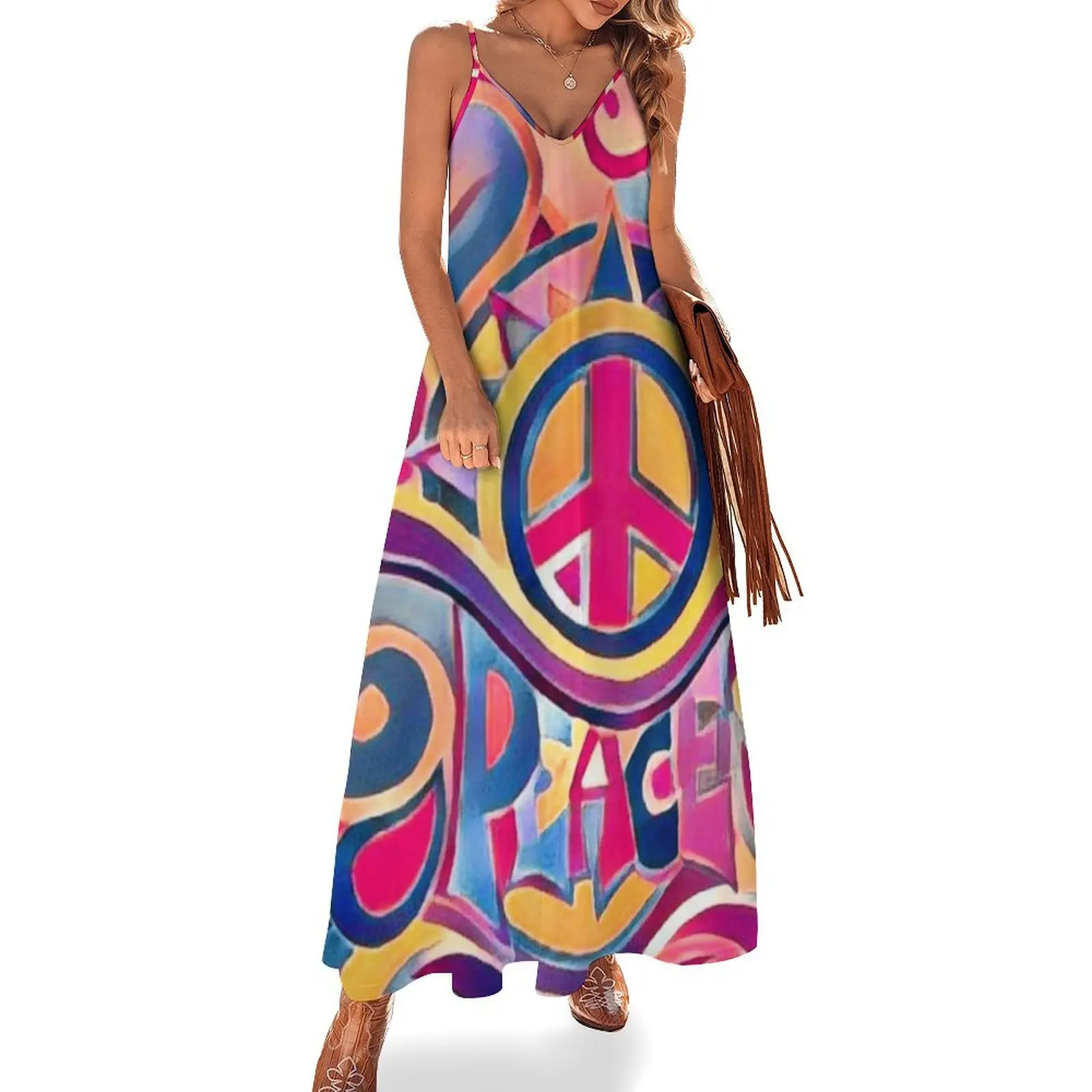 

Peace and Love Hippie Retro Art Sleeveless Dress summer woman dress 2024 dresses for women 2024 summer dresses