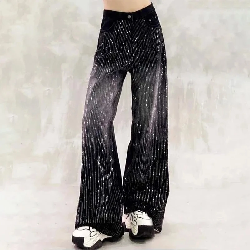 Herbst Winter Neue Retro Casual Farbverlauf blockiert Glänzende Heißer Präge design Jeans Hohe taille Gerade bein Breite bein hosen