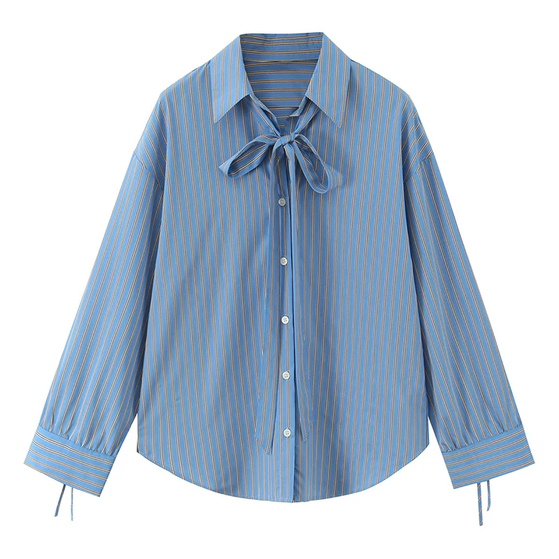 Blau gestreiftes Damen-Langarmshirt mit Schleife und Schleife, süßes und lässiges, vielseitiges Oberteil