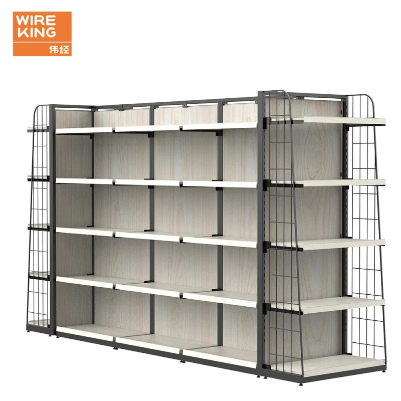 

custom.Supermarket Shelf With Iron and Wood Structures Gondola Shelves Display Racks Supermarket Shelves Snacks Beverages