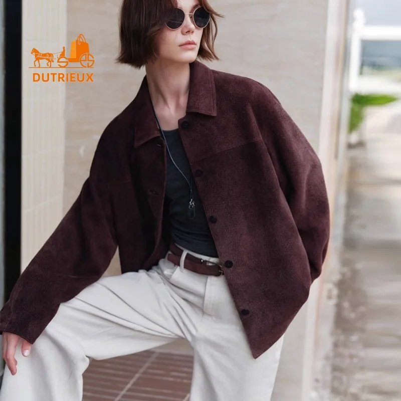 Winter Women's Matte Lapel Silhouette Long Plush Leather Jacket, 100% Genuine Sheepskin, Low-key Noble and Fashion Leather Coat