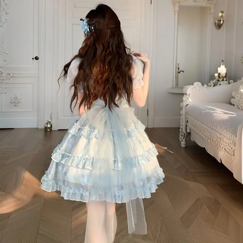 Kawaii Bogen Mini Kleid Frauen Mode Party Mesh Rüschen Patchwork Kleider Sommer Koreanische Puff Kurzarm Bodycon Design Vestidos