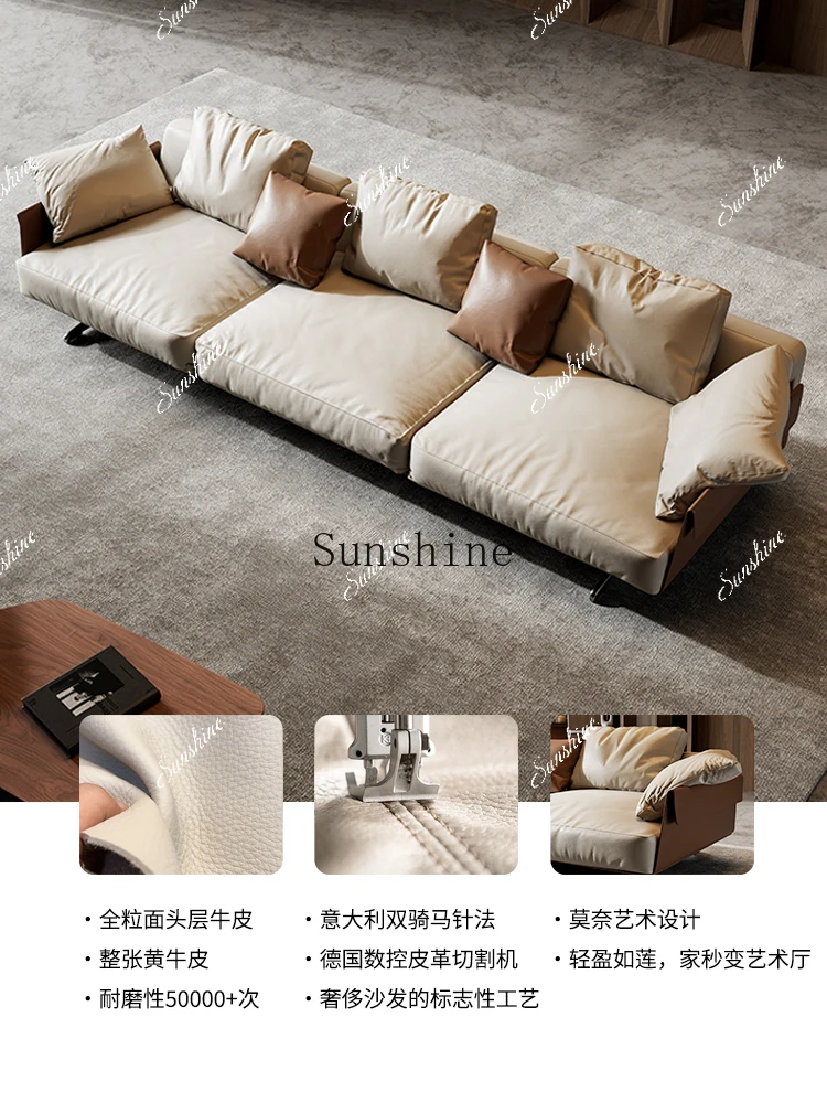 Italian minimalist living room first layer cowhide three-person combination high-end straight row leather sofaP