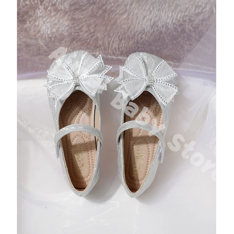 New Children Sandals Silver Rhinestone Bow Wedding Princess Girls Sandal Party Dance Baby Student Flats Kids Performance Shoes