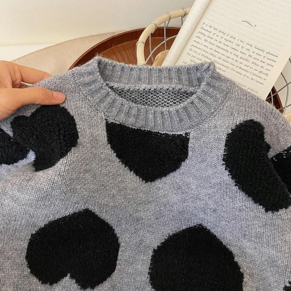 2PCS Girls' Gray Sweater Set 2026 New Winter Thickened Knitwear for Little Girls Fashion Warm Children's Flare Pants Long Sleeve 4