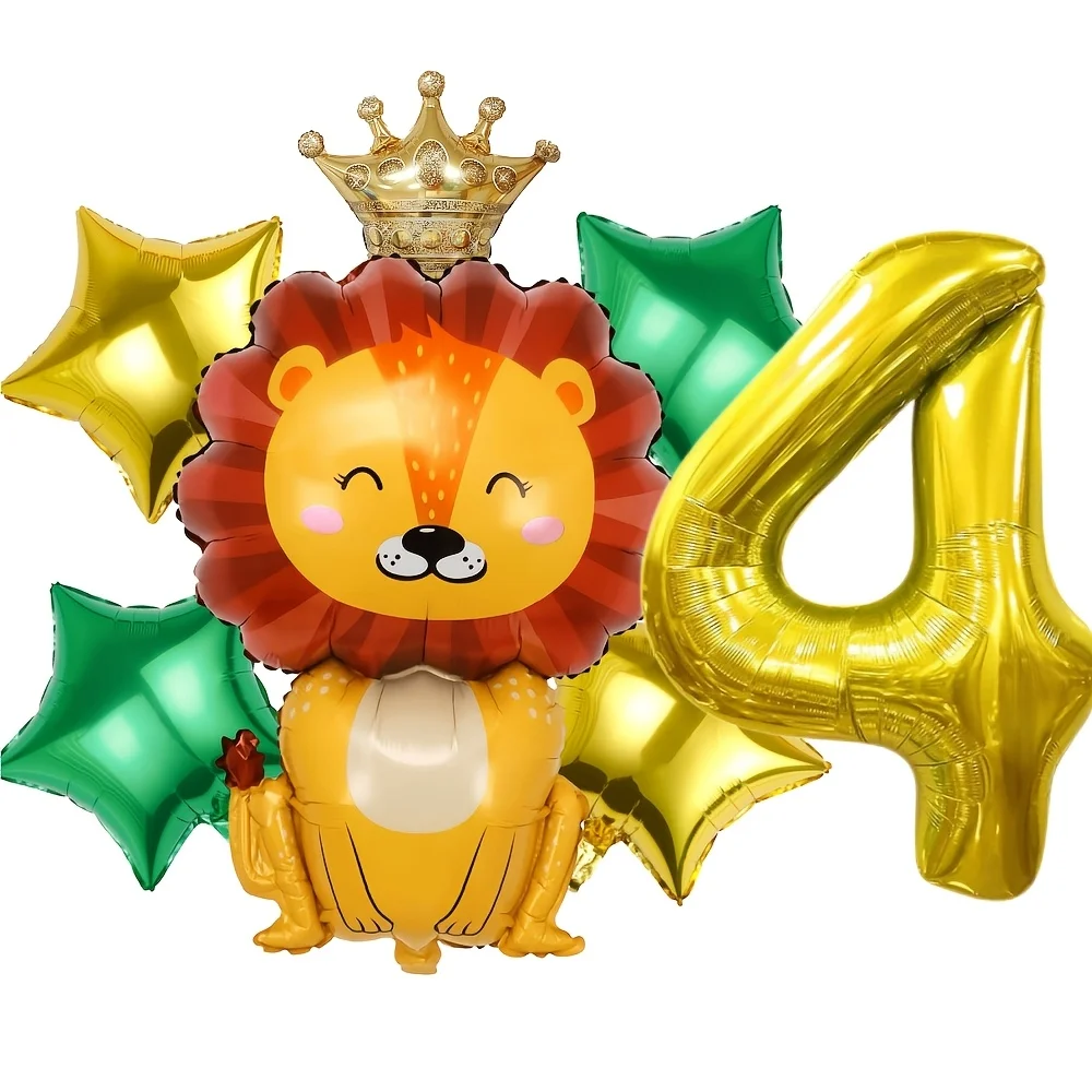 6pcs Lion King Number Balloon Set, Crown Lion Gold Green Star Foil Balloons for Lion King Theme Birthday, Jungle Safari Party, B - view 6