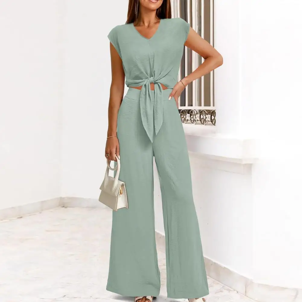 Women Top Pants Suit Cap-sleeved Strappy Top Wide-leg Trousers Set Chic Lace-up Knot Women's Top Pants Set Stylish V for Soft