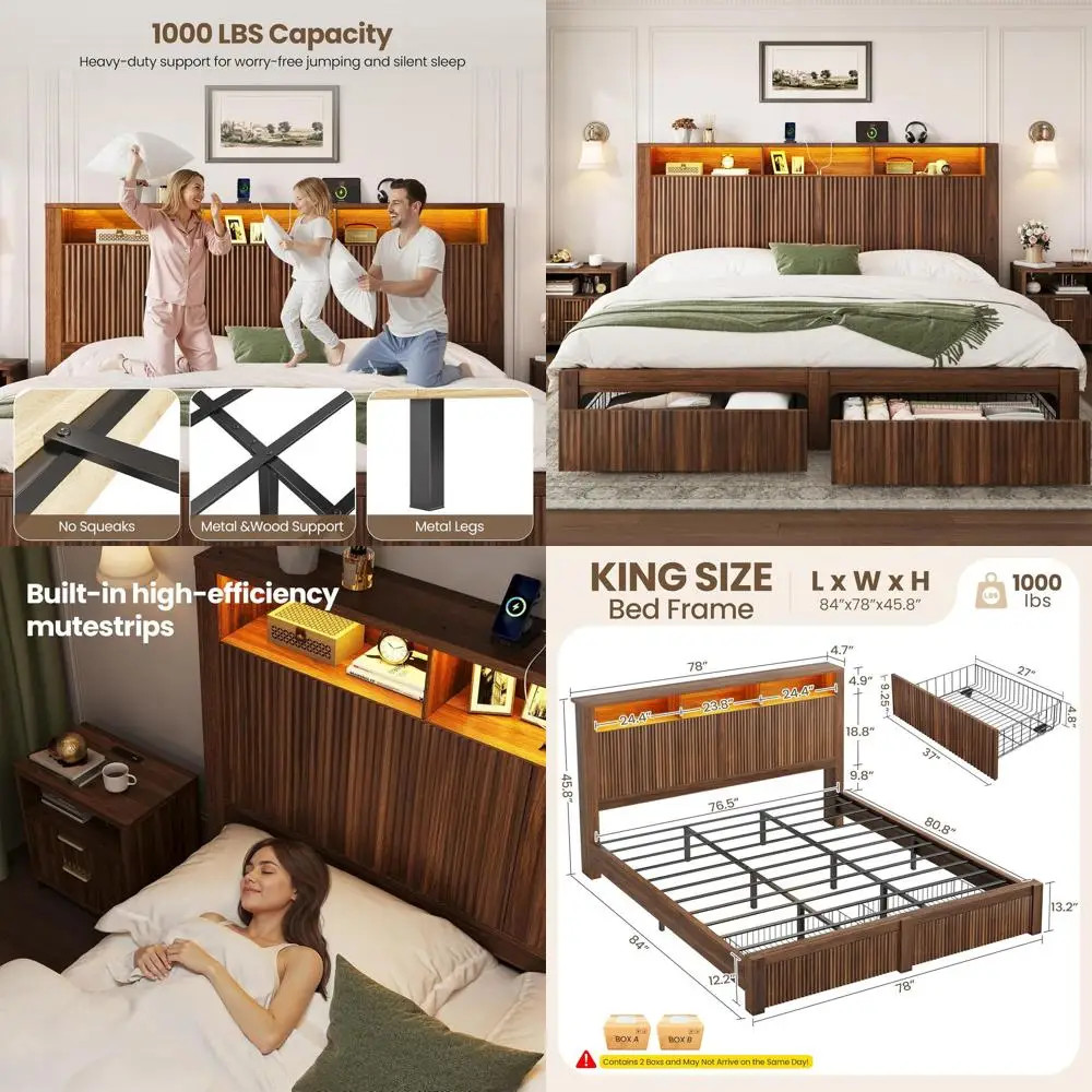 Modern King Bed with LED Light and Storage Drawers