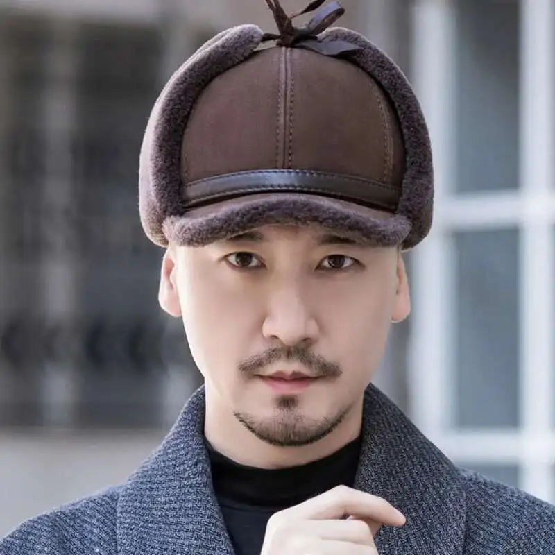 

Lei Feng Hat For Men Winter Outdoor Thick Warm Windproof Skiing Cap With Earflaps Male Brown Sheep Leather Cap Real Fur Hat