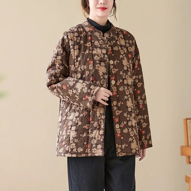 Johnature abbigliamento invernale nuovi cappotti di cotone floreale rotto colletto alla coreana giacca da donna calda allentata cappotto di cotone stampato spesso in cotone 2024