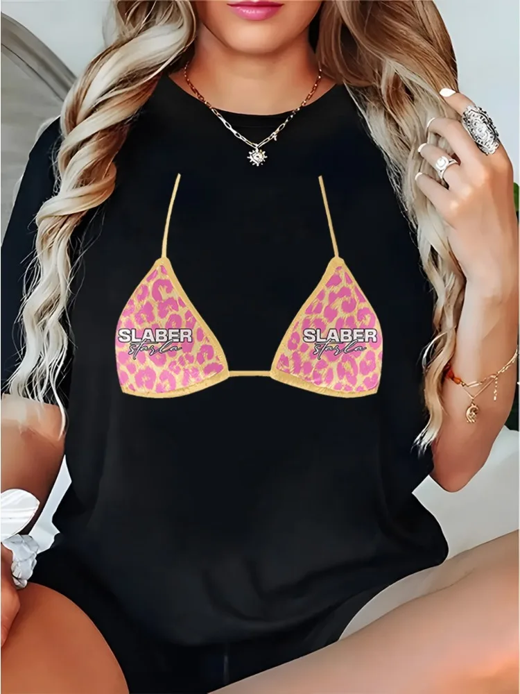 

Women's bikini printed T-shirt top casual wear fashionable short sleeved shirt playful printed design women's T-shirt