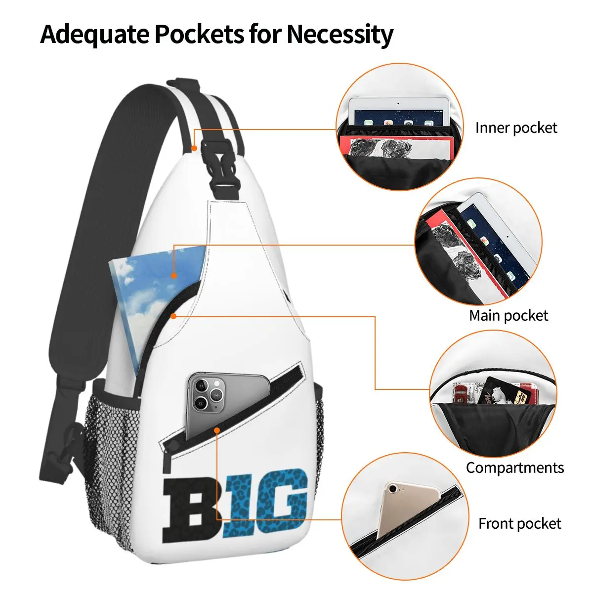 BIG TEN Conference Cheetah Pattern Blue And Black Chest Bag Men Sling Crossbody Backpack Chest Bag Hiking Daypack Shoulder Bag