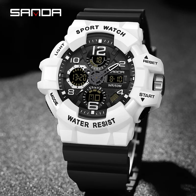 SANDA Men Military Watches White Sport Watch LED Digital 50M Waterproof Watch Men Multifunction Clock Relogio Masculino 3168