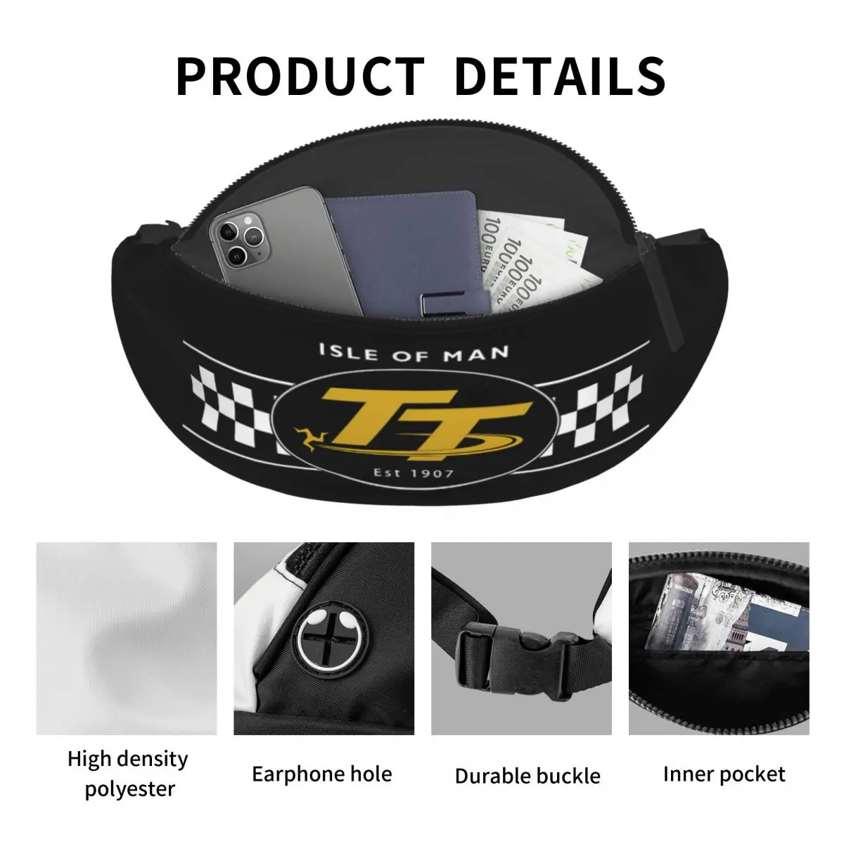 Cool Eiland Man Tt Race Fanny Pack Voor Fietsen Kamperen Mannen Vrouwen Motobike Racer Crossbody Heuptas Telefoon Geld Zakje