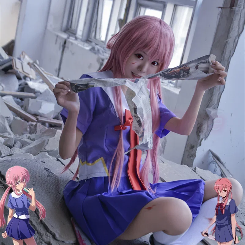 2025 Nieuwe Anime 2e Mirai Nikki Gasai Yuno Sailor Carnaval Party Kostuums Cosplay Uniform Vrouwen Lolita Jurk Rode Strik Pruik Volledige abc