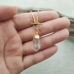 FUWO 1Pcs Handmade Natural Clear Quartz Point Necklace, Golden OT Buckle Hexagonal Pillar Crystal Jewelry For Women (NC004)