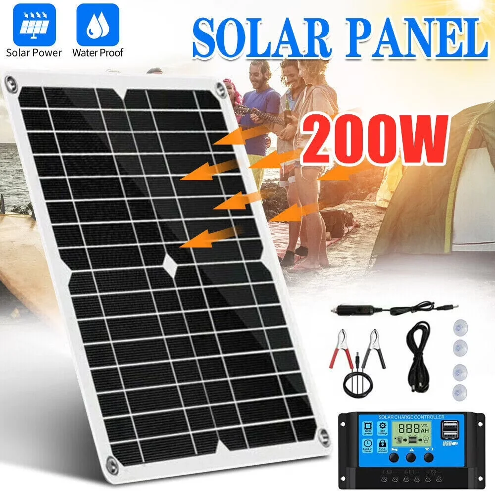 200W Portable Solar Panel Kit PWM Solar Charge Controller Waterproof Solar Charger for 12V Car RV Boat Camping Battery Charging