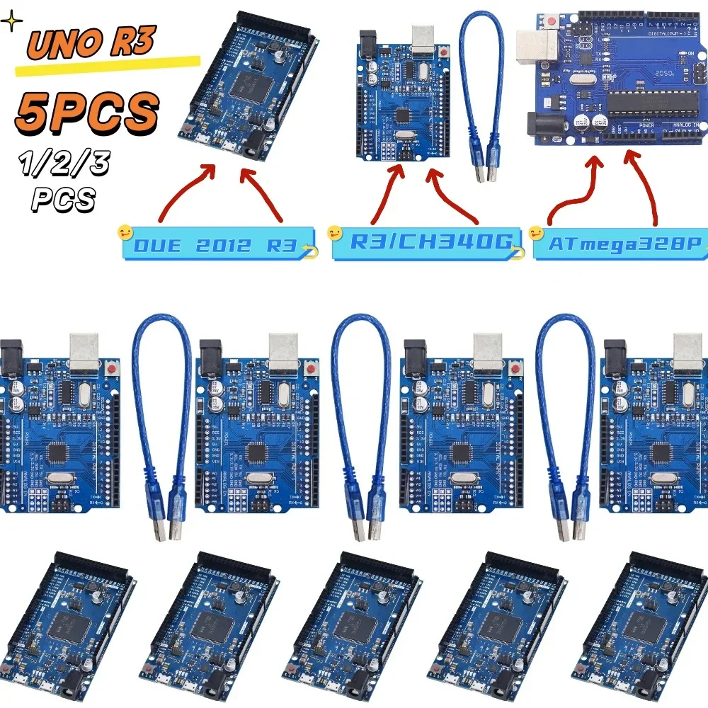 1-5PCS UNO R3 Development Board DUE 2012 ATmega328P CH340G / ATEGA16U2 R3 For Arduino UNO R3 With Straight Pin Header with Cable