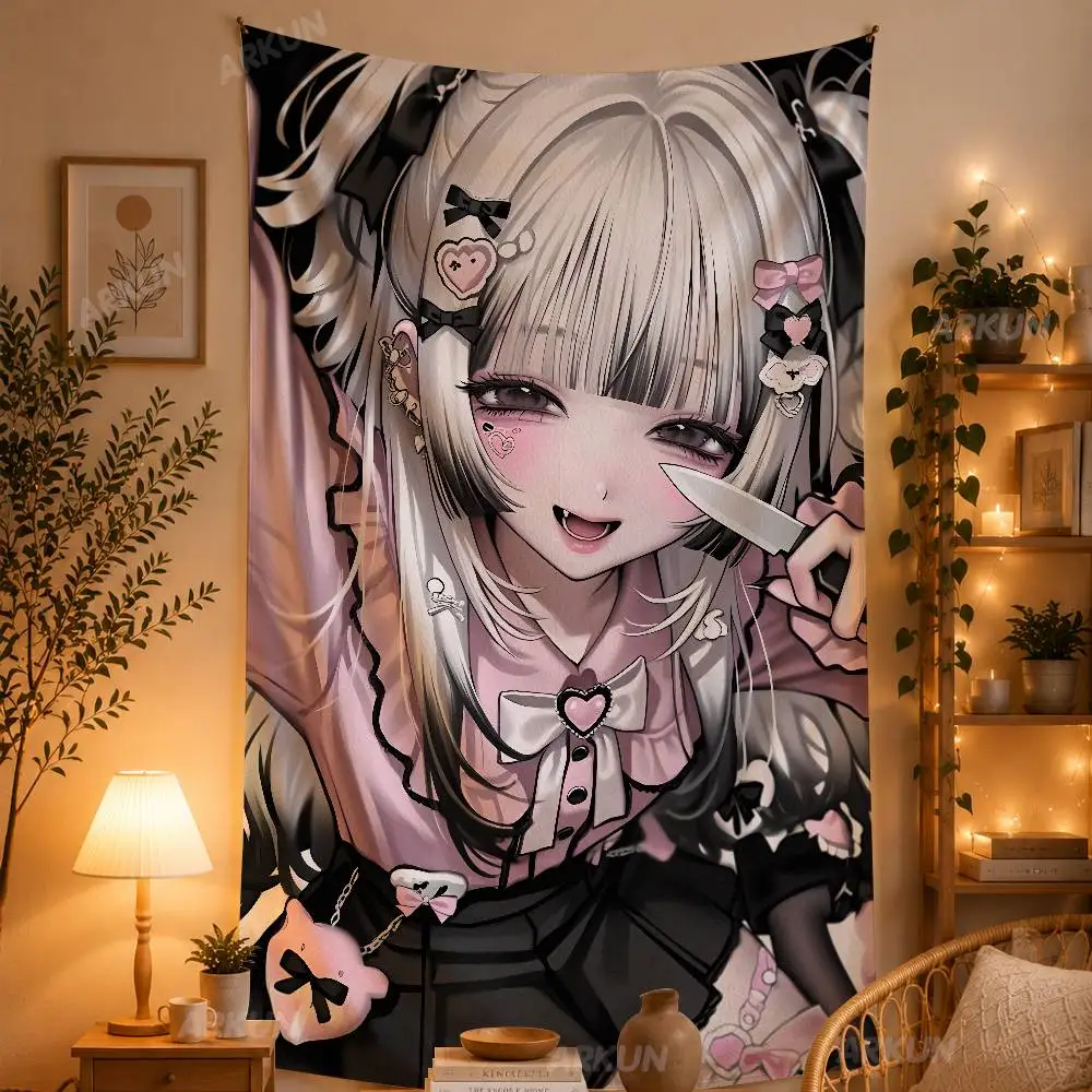 Y2K Gothic Anime Girl Tapestry Pink Black Harajuku Style Character Wall Hanging Cloth for Teen Bedroom Dorm Aesthetic Wall Decor