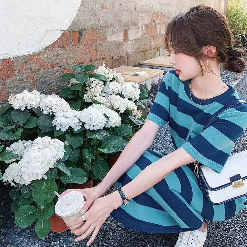 Été nouveau femmes rayé ort Sve t-shirt Dr décontracté trajet Sle taille ample a-ligne jupe en Fiber de Polyester