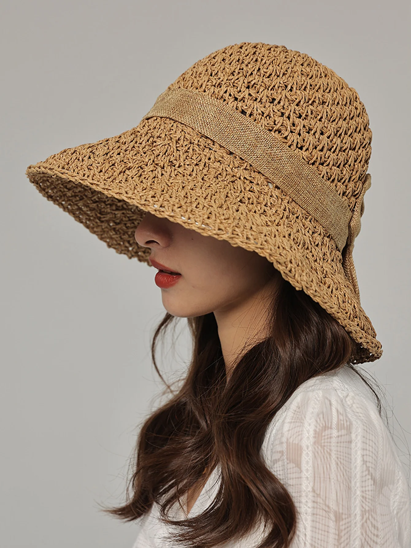 Handmade Straw Hat for Women Summer Fashion Bowknot Foldable Sunscreen Panama Lady Sweet Wide Brim UV Sunscreen Beach Cap Girl