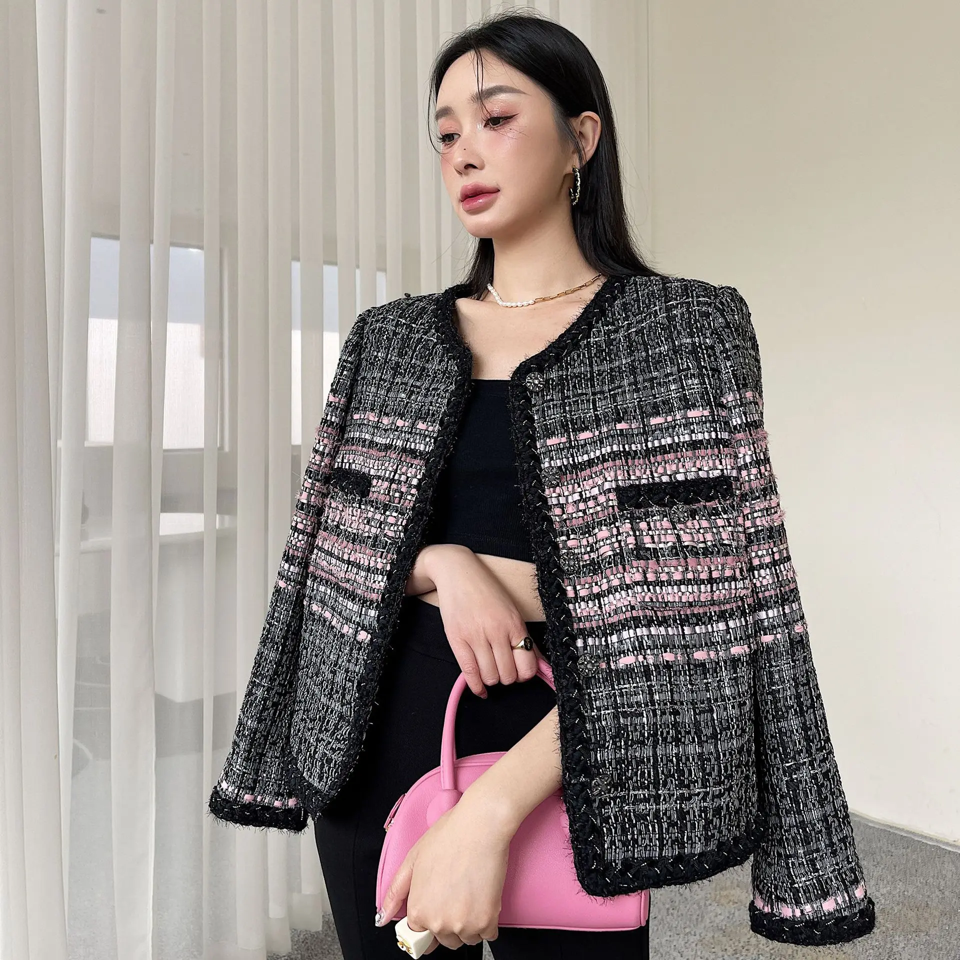 Retro Small Fragrant Tweed Jacket for Women, Knitted Coat, Temperament Outwear, Women's Clothing, High Quality, Fall, Y2k, 2022