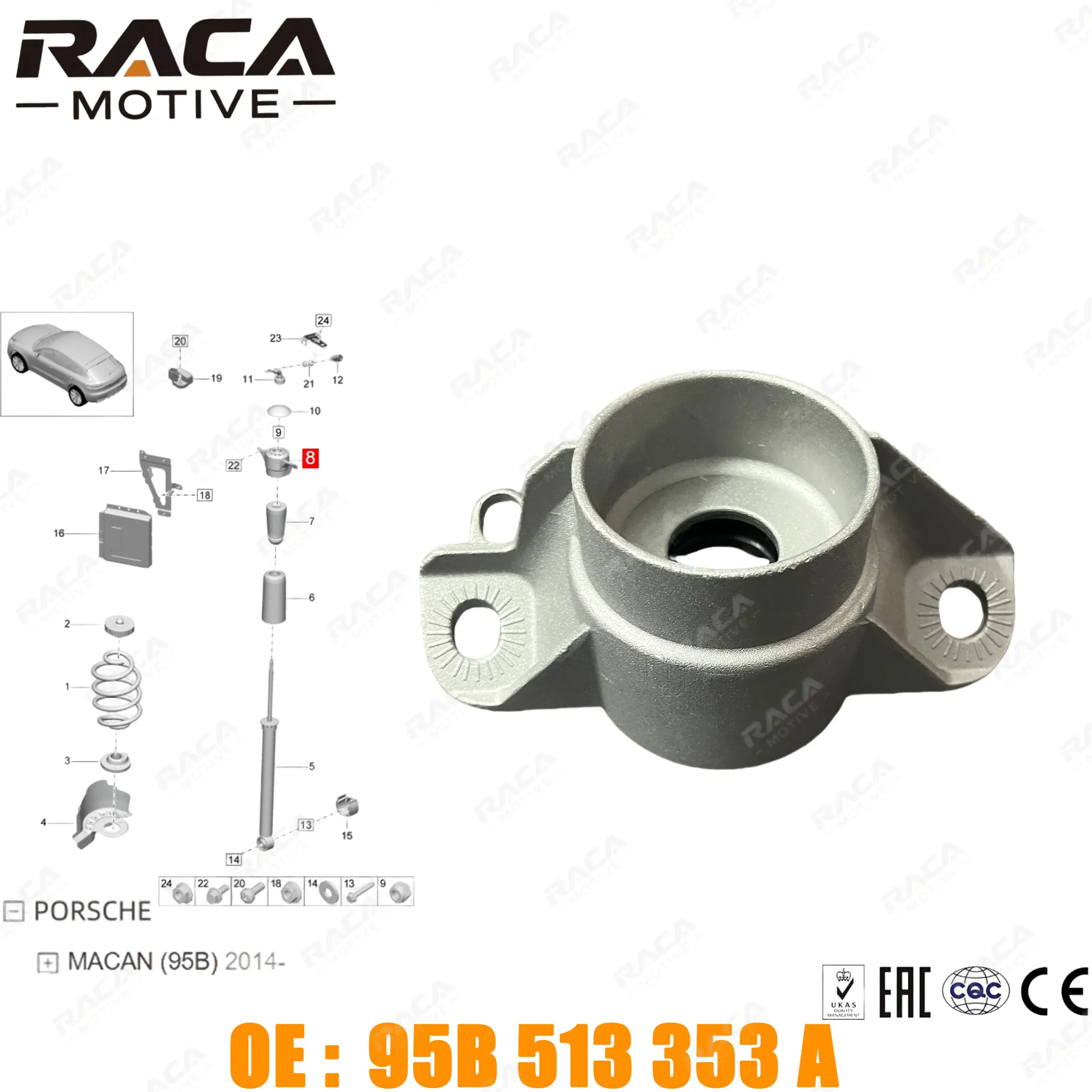 

Rear Axle Shock Absorber Bracket Suitable for Porsche Macan (95B) 2.0 3.0 Gts 3.0S 3.6 Turbo 2014 Onwards 95B513353A
