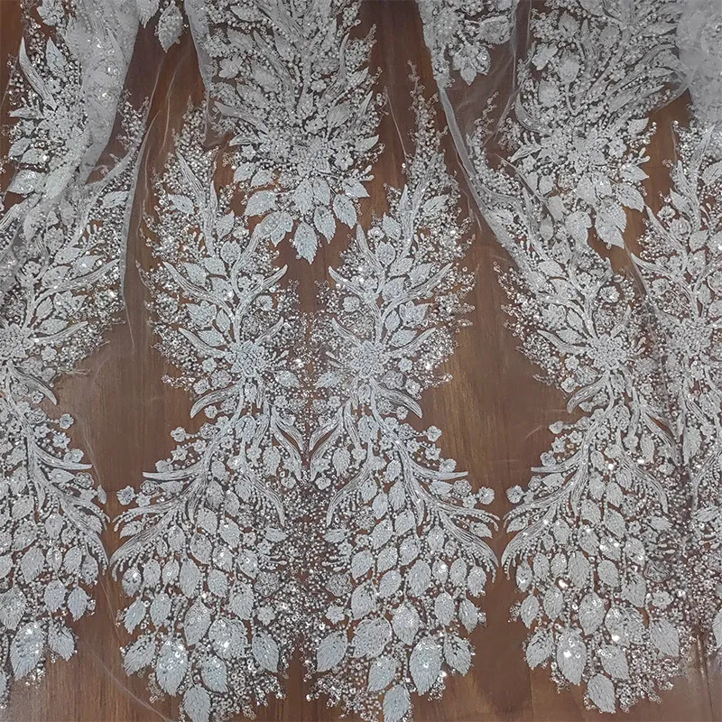 Luxurious Flower and Leaf Style Silver Sequin Embroidered Soft Lace Tulle Lace for Women's Wedding and Formal Dresses Adornments