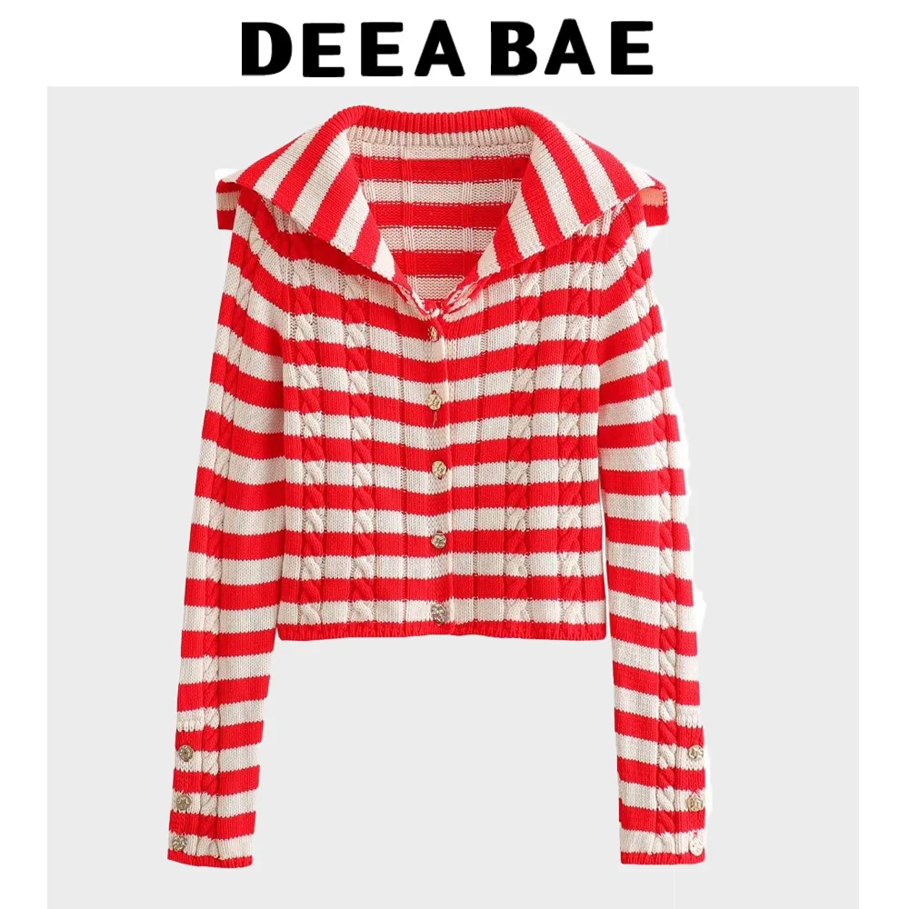 

DEEABAE Spring Women's Wear Sweet Style Lapel Knitted Striped Sweater Fashionable And Versatile Eight-strand Knitted Cardigan