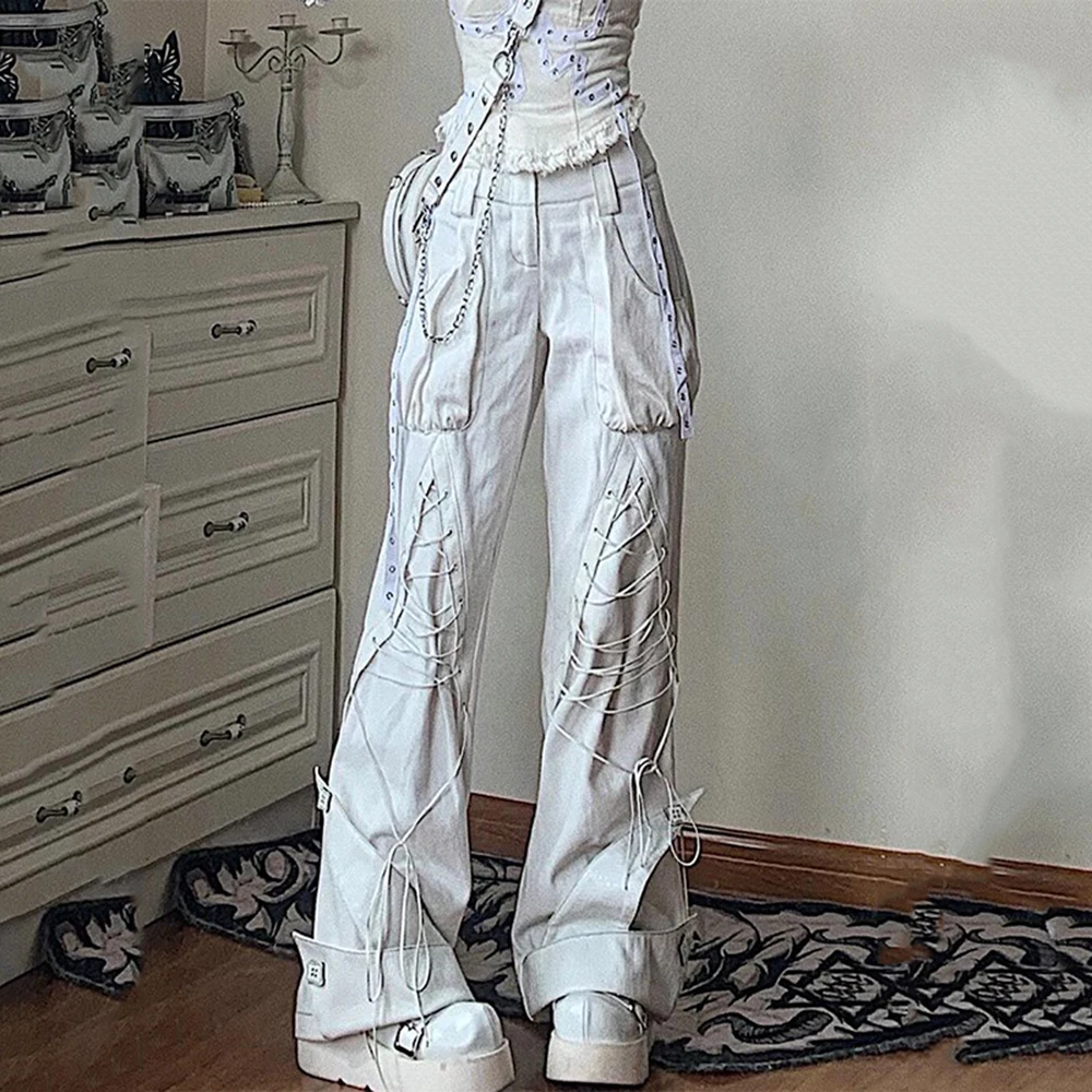 Y2k Gothic Lace-up Pleated Double Belt Pants Fashion Casual High Street Streetwear Women Retro Punk Loose Wide Leg Pants Couple