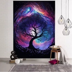 Tapiz de árbol psicodélico para colgar en la pared, arte de fantasía de cielo estrellado, decoración hippie para el hogar, Fondo de tela para dormitorio, sábanas de cama