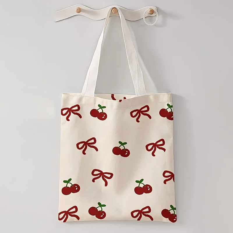 A Cherry print canvas tote bag, suitable for daily use, shop