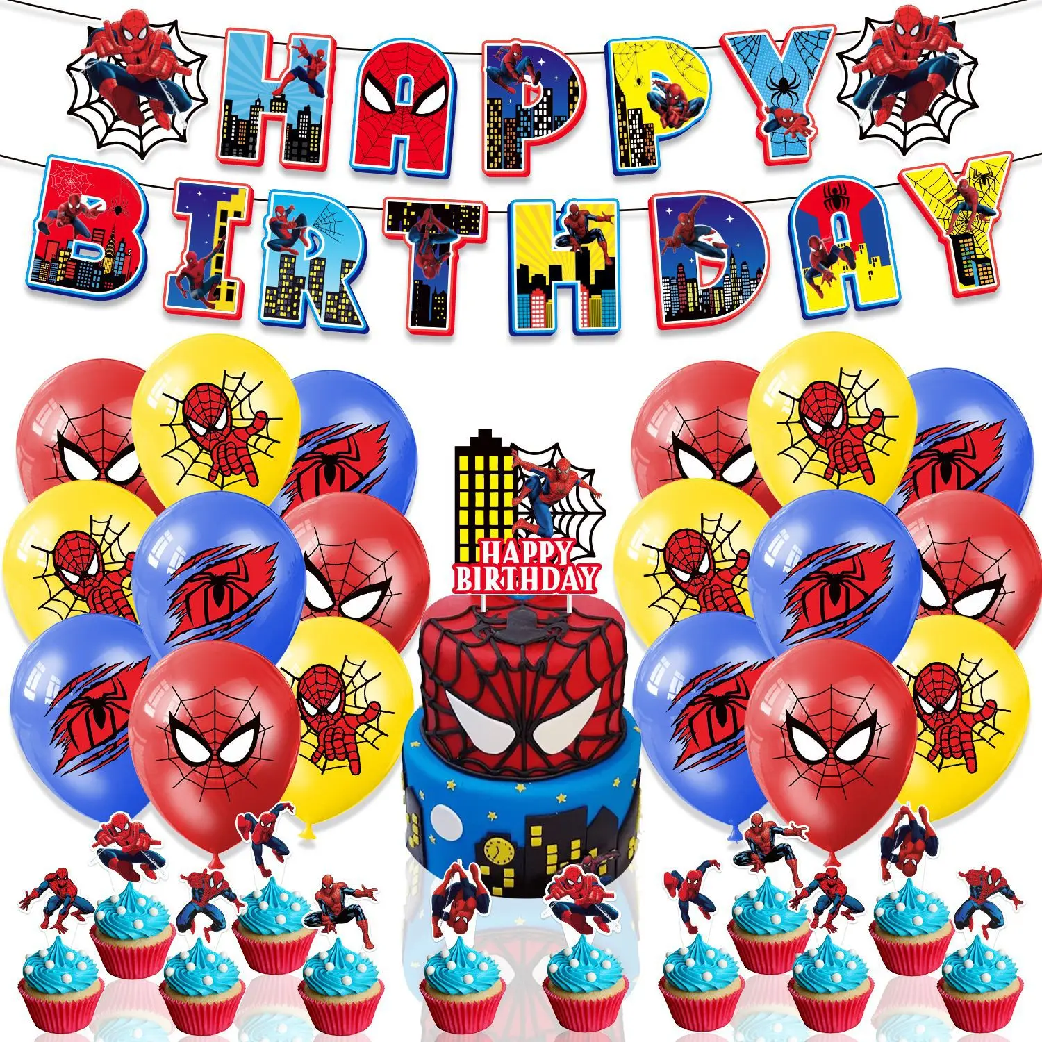 

Spider-Man Party Balloon Decoration Cute Birthday Kids Theme Pull Flag Balloon Charm Cake Row Decoration School Supplies Gift