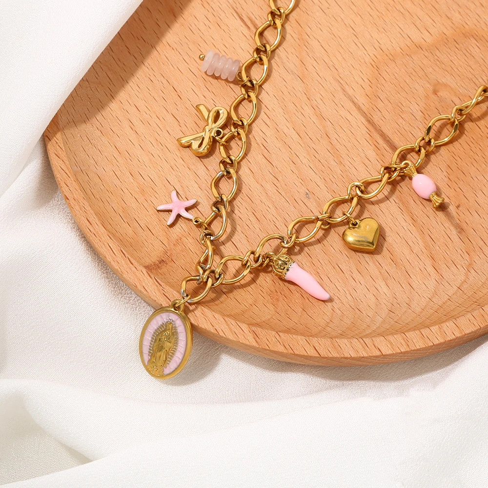 AURORA Y2K Style Virgin Mary Pendant Necklaces For Women's Choker Necklace Fashion Pink Collection Stainless Steel Jewelry