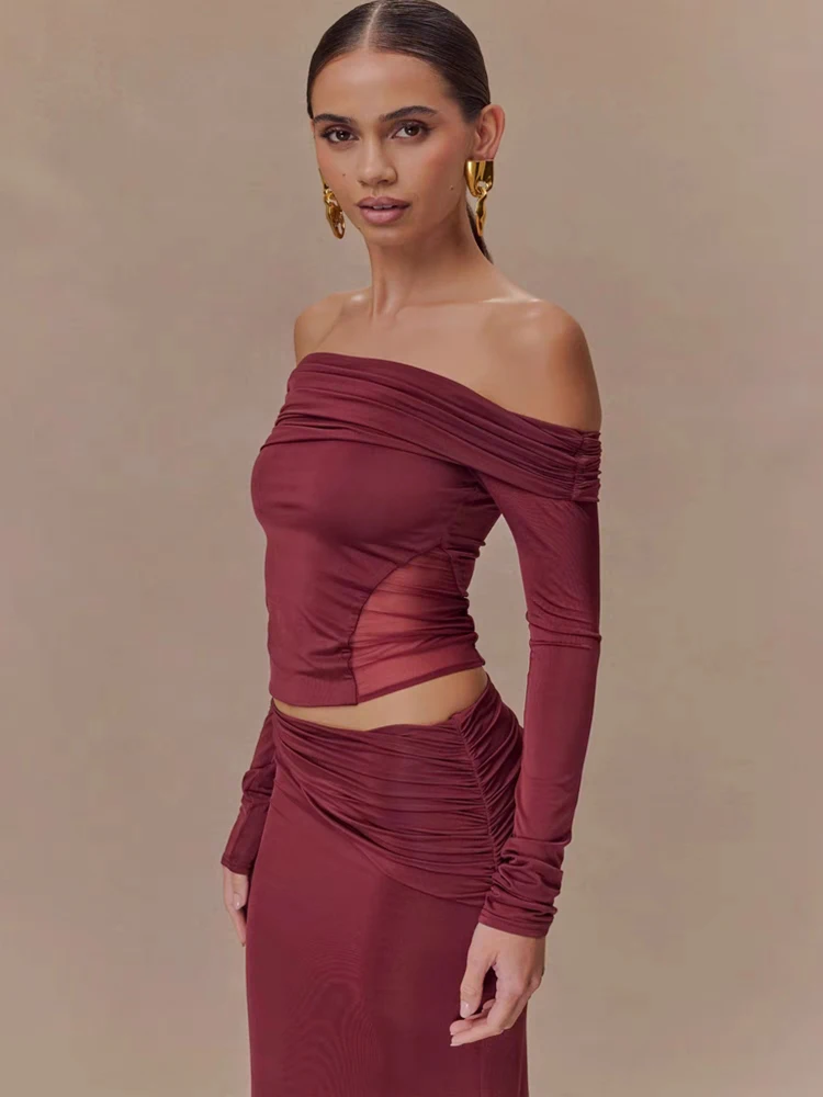 

Cutenew Classic Solid Women 2 Piece Set 2025 New Full Sleeve Ruched Off Shoulder Tops+High Waist Straight Hip Skirts Streetwear