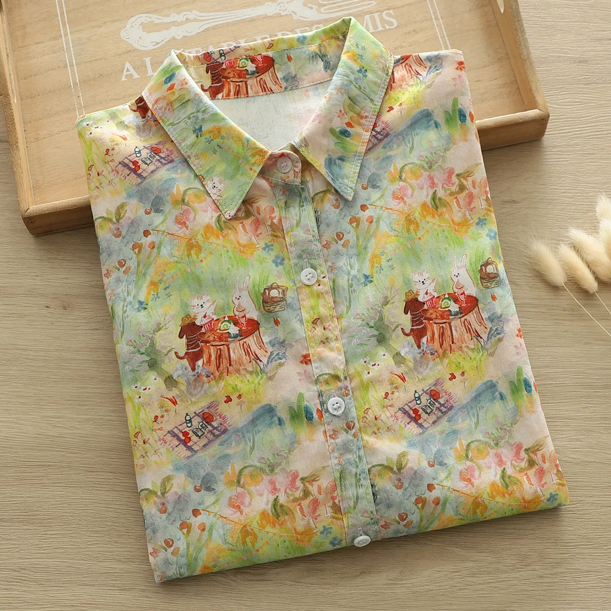 New Autumn Cotton Shirt For Women, Long Sleeve Oil Painting Kitten Tops, Sweet Cute Loose Blouses, 2024 Spring New T41535QM