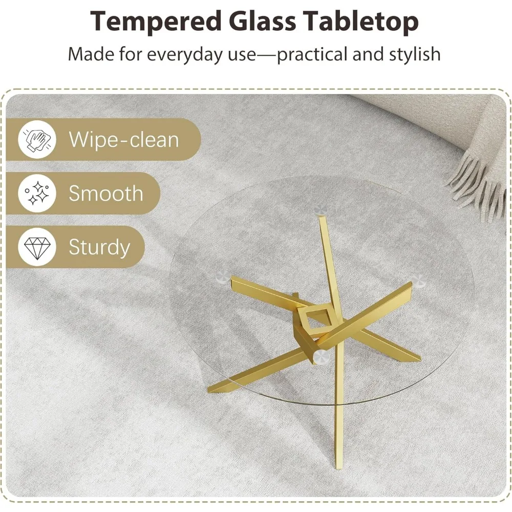 Modern Geometric Gold Frame Round Coffee Table, Minimalist Decorative Glass Top for Contemporary Living Spaces