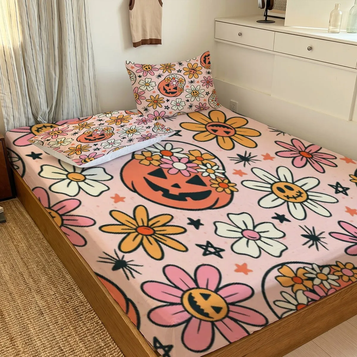 Quirky Retro Halloween Floral 2D Digital Print Three-Piece Bedding Set (Includes 1 Fitted Sheet + 2 Pillowcases, No Filling) in Light Pink, Featuring Cute Pumpkin Lanterns, Spiders, and Colorful Flowers